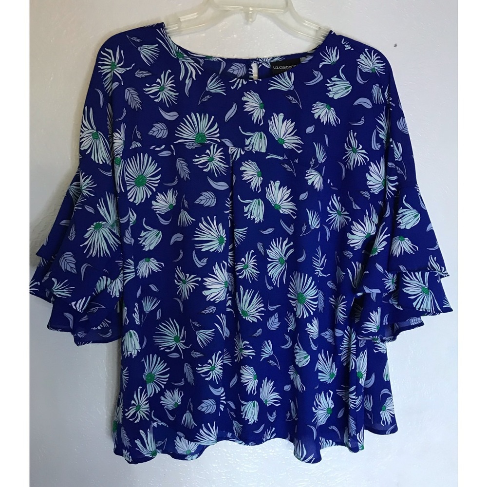Liz Claiborne chiffon blue floral bell sleeves top L